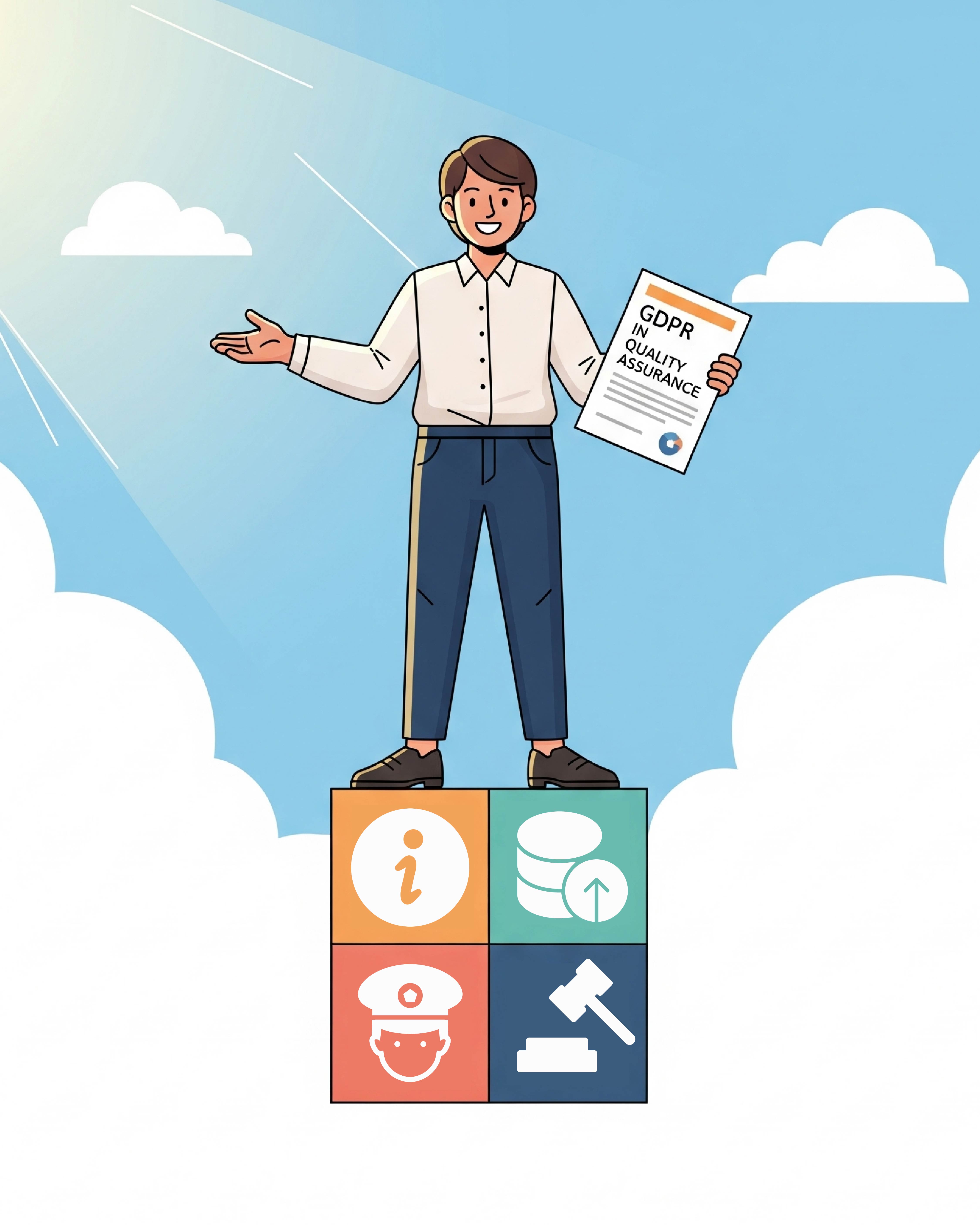 Image of a person standing on top of the 4 general rules of GDPR