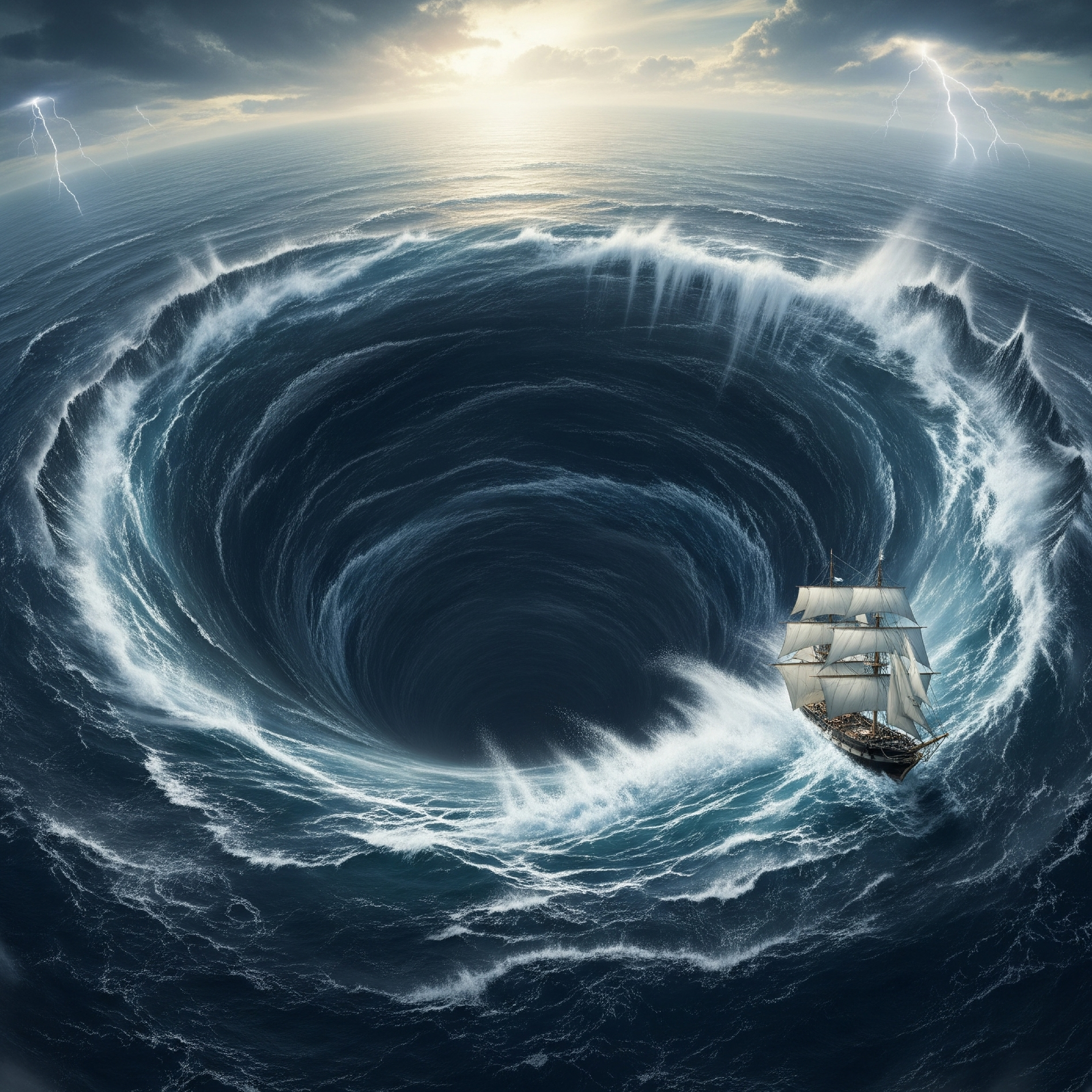 Image of a ship on the edge of a whirlpool